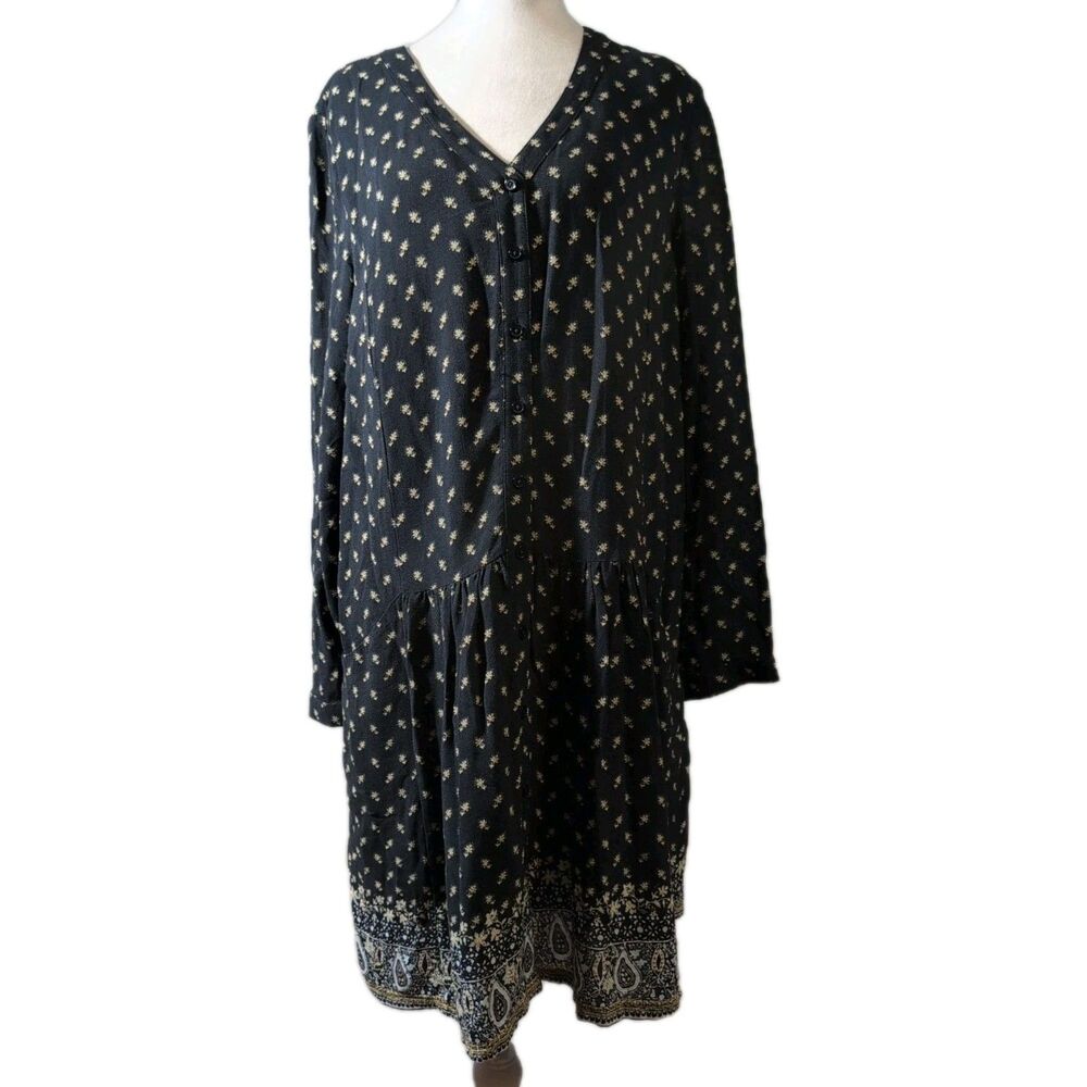 Garnet Hill Navy Blue Print Drop Waist Long Sleeve Shirt Dress Size 10 Pockets